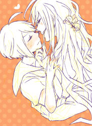  0kn9kt2 2girls ahoge blush closed_eyes closed_mouth commentary_request danganronpa_(series) danganronpa_another_episode:_ultra_despair_girls eyelashes fukawa_toko genocider_sho glasses hand_on_another's_chin heart holding holding_removed_eyewear long_hair long_sleeves long_tongue monochrome multiple_girls naegi_komaru orange_background polka_dot polka_dot_background short_hair short_sleeves smile tongue tongue_out unworn_eyewear wavy_mouth yuri 