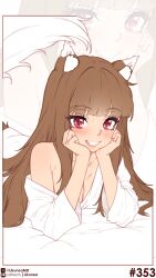  absurdres animal_ear_fluff animal_ears blunt_bangs blush breasts brown_hair cleavage clenched_teeth commentary female hands_on_own_cheeks hands_on_own_face highres holo likunea long_hair looking_at_viewer lying medium_breasts on_stomach patreon_logo patreon_username red_eyes single_off_shoulder smile spice_and_wolf tail teeth twitter_username twitter_x_logo wolf_ears wolf_girl wolf_tail zoom_layer 