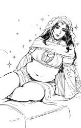  breasts cleavage closed_mouth commentary_request couch criss-cross_halter dark_souls_(series) dark_souls_i detached_sleeves female frills giant giantess greyscale halterneck highres jewelry korean_commentary large_breasts long_hair monochrome navel plump queen_of_sunlight_gwynevere reclining ribbon sarong smile solo sparkle thighs tumitumico veil white_background white_sarong 
