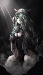  animal_ears bead_necklace beads bell black_background black_dress black_gloves black_sclera closed_mouth colored_sclera cow_ears cow_girl cow_horns cowbell crelly crelly_(mold_mother) cross-shaped_pupils dress female gloves green_hair grey_sclera hair_between_eyes heterochromia highres horns indie_virtual_youtuber jewelry kneeling long_hair looking_up makeup mismatched_pupils mismatched_sclera mold necklace nun_headdress nythlinvt praying red_eyes runny_makeup solo symbol-shaped_pupils thighs virtual_youtuber 