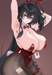  animal_ear_hairband animal_ears armpits azur_lane between_breasts black_hair bow bowtie breasts brown_background brown_pantyhose commentary_request cowboy_shot fake_animal_ears fake_tail female hair_between_eyes hairband highres huge_breasts laddered_pantyhose lanyard leotard long_hair looking_at_viewer official_alternate_costume okabenoriyuki pantyhose playboy_bunny rabbit_ear_hairband rabbit_ears rabbit_tail red_bow red_bowtie red_eyes red_leotard simple_background solo strap_between_breasts strapless strapless_leotard taihou_(azur_lane) taihou_(fun_on_the_baize)_(azur_lane) tail thigh_bow torn_clothes torn_pantyhose undersized_breast_cup very_long_hair 