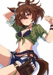  agnes_tachyon_(lunatic_lab)_(umamusume) agnes_tachyon_(umamusume) ahoge animal_ears bikini black_bikini blush book-16key breasts brown_hair commentary_request criss-cross_halter female green_jacket hair_between_eyes halterneck highres horse_ears horse_girl horse_tail jacket leather_wrist_straps looking_at_viewer medium_breasts medium_hair navel official_alternate_costume open_clothes open_fly open_mouth open_shorts red_eyes shorts solo swimsuit tail thigh_strap tied_jacket torn_clothes torn_shorts umamusume wrist_straps 