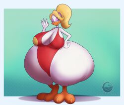  2026 2_toes 4_fingers anthro artist_logo artist_name avian beak bent_arm big_breasts bird black_eyebrows blonde_hair blue_eyes breasts chicken choker claws cleavage clothed clothed_anthro clothed_female clothing colored crescent-blue-zero curvy_figure digital_drawing_(artwork) digital_media_(artwork) english_description eyebrow_through_hair eyebrows eyelashes feather_hands feathers feet female female_anthro fingers full-length_portrait galliform gesture gradient_background hair hand_on_hip hand_on_own_hip happy hi_res huge_breasts huge_hips huge_thighs hyper hyper_thighs jewelry lidded_eyes light lighting logo long_hair necklace non-mammal_breasts open_beak open_mouth open_smile orange_beak orange_claws pamela_(super_farm) pear-shaped_figure phasianid ponytail portrait purple_choker purple_eyelids purple_hair_tie purple_jewelry purple_necklace red_one-piece_swimsuit shaded simple_background smile smiling_at_viewer solo standing super_farm teal_background text thick_thighs toe_claws toes translucent translucent_hair waving waving_at_viewer white_body white_feathers wide_hips 