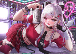  absurdres alcohol beer_can black_bow black_necktie bow bracelet can choker commentary_request drink_can feet_out_of_frame female fingerless_gloves fishnet_pantyhose fishnets frilled_shirt frills gloves grey_eyes grey_hair hair_ornament hairbow half-skirt heart heterochromia highres holding holding_can ishigami_nozomi ishigami_nozomi_(1st_costume) jewelry kirisamede_gzr long_hair midriff miniskirt multicolored_hair nail_polish necktie neon_sign nijisanji off-shoulder_shirt off_shoulder pantyhose plaid_clothes plaid_skirt pleated_skirt polka_dot polka_dot_bow purple_eyes red_nails red_shirt red_skirt red_streaks red_thighhighs shirt skirt solo spiked_choker spikes streaked_hair studded_bracelet thighhighs torn_clothes torn_thighhighs virtual_youtuber 