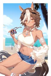  absurdres animal_ears bandaged_arm bandages bare_shoulders blue_shorts blush breasts brown_hair cleavage closed_mouth commission criss-cross_halter crop_top cutoffs denim denim_shorts female fringe_trim hair_belt hair_between_eyes halterneck highres hiraga_matsuri holding holding_removed_eyewear horse_ears horse_girl horse_tail indie_virtual_youtuber jacket jewelry large_breasts looking_at_viewer micro_shorts midriff multicolored_hair navel necklace off_shoulder shirt short_hair shorts skeb_commission sleeveless sleeveless_shirt smile solo stomach streaked_hair sunglasses tail thighs tomoe_umari two-tone_hair unworn_eyewear virtual_youtuber white_hair white_jacket white_shirt yellow_eyes 