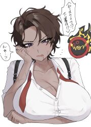  arm_under_breasts blue_eyes breast_rest breasts brown_hair cleavage collarbone collared_shirt commentary cropped_torso dante_(limbus_company) dark-skinned_female dark_skin doodle_inset drooling female hand_on_own_cheek hand_on_own_face head_rest highres jewelry kitaku_(ienikaeru) large_breasts limbus_company looking_at_viewer loose_necktie mouth_drool necktie notice_lines object_head open_mouth outis_(project_moon) project_moon red_necktie ring scar scar_on_arm scar_on_breast scar_on_face scar_on_neck scars_all_over shirt short_hair solo_focus speech_bubble suspenders translation_request unbuttoned white_shirt 