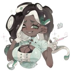  aqua_shirt black_bra black_hair blush bra bra_peek breasts cephalopod_eyes cleavage cleavage_cutout clothing_cutout commentary_request cropped_torso dark-skinned_female dark_skin earrings evil_grin evil_smile female finger_to_cheek gloves gradient_hair green_eyes green_hair grin half_gloves hand_on_own_face heart highres holding holding_syringe jewelry lace-trimmed_bra lace_trim large_breasts long_hair looking_at_viewer marina_(splatoon) mole mole_under_mouth multicolored_hair nurse octoling one_eye_closed parted_lips piercing pink_pupils shirt short_eyebrows simple_background smile solo sparkle splatoon_(series) stud_earrings suction_cups syringe teeth tentacle_hair thick_eyebrows togetoge two-tone_hair underwear upper_body very_dark_skin white_background white_gloves 
