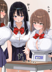  3girls black_hair blush bra bra_visible_through_clothes breasts brown_eyes brown_hair button_gap collared_shirt commentary_request kaisen_chuui large_breasts long_hair multiple_girls open_mouth original pleated_skirt polka_dot polka_dot_bra purple_skirt school_uniform shirt short_hair skirt table underwear white_shirt 