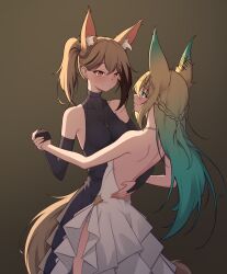  2girls absurdres animal_ear_fluff animal_ears aqua_eyes arm_around_another's_waist backless_dress backless_outfit black_dress blonde_hair braid breasts bridal_gauntlets brown_background commission cowboy_shot crown_braid dancing dress elbow_gloves english_commentary ersilia_(trimbil) frilled_dress frills gloves gradient_background gradient_hair hand_grab highres long_hair looking_at_another multicolored_hair multiple_girls orange_eyes original ponytail rica_(nariwan) shoulder_blades simple_background sleeveless sleeveless_dress small_breasts tail trimbil two-tone_hair white_dress 