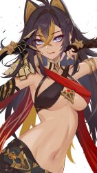  antenna_hair arm_armor armlet asymmetrical_clothes belt black_hair blonde_hair blue_eyes blue_hair breasts claw_ring covered_nipples criss-cross_halter crossed_bangs dark-skinned_female dark_skin dehya_(genshin_impact) female fingerless_gloves genshin_impact gloves gold_choker hair_ears halterneck highres jewelry large_breasts licking_lips multicolored_hair navel pointy_hair simple_background solo stomach streaked_hair tongue tongue_out tumugi_sunohara underboob white_background yellow_pupils 