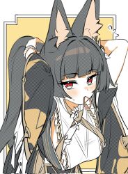  animal_ear_fluff animal_ears black_dress black_hair blush border breasts brown_background commentary dress female flower fox_ears fox_girl hair_flower hair_ornament hair_tie_in_mouth highres hoshimi_miyabi hoshimi_miyabi_(dignified_blossom) long_hair looking_at_viewer mashaer medium_breasts mouth_hold official_alternate_costume red_eyes sideboob solo two-tone_dress tying_hair upper_body white_border white_dress white_flower zenless_zone_zero 
