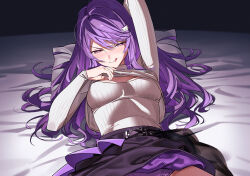  :q absurdres arm_behind_head arm_up bed_sheet belt black_belt breasts cat_hair_ornament cleavage_cutout closed_mouth clothing_cutout commentary covered_nipples cowboy_shot dark female hair_flowing_over hair_ornament hair_spread_out hairpin half-closed_eyes hand_up highres ksp_(vtuber) licking_lips long_hair looking_at_viewer lying medium_breasts meridian_project on_back out-of-frame_censoring panties pantyshot pillow purple_eyes purple_hair purple_panties purple_skirt ribbed_sweater ryoyu_(ryoyustarlight) seductive_smile skirt smile solo sweater tongue tongue_out turtleneck turtleneck_sweater underwear v-shaped_eyebrows virtual_youtuber white_sweater 