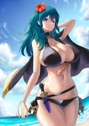  arm_behind_head arm_up armpits bare_arms beach bikini black_bikini black_cape blue_eyes blue_hair blue_sky breasts cape cleavage cloud collarbone commentary covered_nipples cowboy_shot dagger day female female_byleth_(fire_emblem) female_byleth_(summer)_(fire_emblem) fire_emblem fire_emblem:_three_houses fire_emblem_heroes flower full_cleavage hair_between_eyes hair_flower hair_ornament hibiscus highres huge_breasts knife long_hair looking_at_viewer navel ocean official_alternate_costume outdoors parted_lips red_flower sheath sheathed side_cape sideboob sidelocks single_bare_shoulder sky smile solo standing stomach suigetu26 swimsuit tassel thick_thighs thighs weapon wristband 
