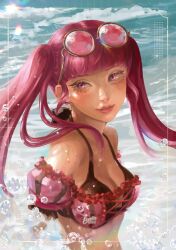  bare_shoulders bikini blunt_bangs blush breasts cleavage closed_mouth enmoire eyewear_on_head female fire_emblem fire_emblem:_three_houses fire_emblem_heroes hilda_valentine_goneril hilda_valentine_goneril_(summer) long_hair looking_at_viewer looking_back medium_breasts ocean off-shoulder_bikini off_shoulder official_alternate_costume outdoors pink-tinted_eyewear pink_bikini pink_eyes pink_hair smile solo stomach striped_bikini striped_clothes sunglasses swimsuit tinted_eyewear twintails vertical-striped_bikini vertical-striped_clothes water 