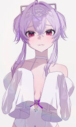  absurdres bare_shoulders commentary_request detached_sleeves female goddess_of_victory:_nikke hair_between_eyes hair_intakes highres leotard liberalio_(nikke) light_blush light_smile looking_at_viewer purple_hair red_eyes short_hair_with_long_locks sleeves_past_fingers sleeves_past_wrists solo upper_body white_background white_leotard white_sleeves yu3n 