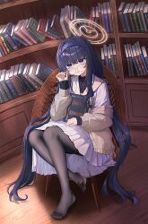  absurdres adjusting_eyewear bags_under_eyes black_pantyhose blue_archive book book_on_lap bookshelf brown_cardigan brown_halo cardigan cardigan_partially_removed chair commentary female full_body hair_between_eyes hairband halo hgdnmlj highres indoors jewelry long_hair looking_at_viewer low_twintails neckerchief necklace no_shoes pantyhose purple_eyes purple_hair purple_hairband purple_neckerchief round_eyewear sailor_collar school_uniform serafuku sitting skirt sleeves_past_wrists solo toes twintails ui_(blue_archive) undershirt white_sailor_collar white_serafuku white_skirt 