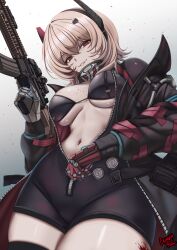  absurdres artist_name assault_rifle bikini bikini_top_only black_bikini black_hairband black_horns blonde_hair blood blood_on_breasts blood_on_thigh breasts caiman_pool center_opening commentary covered_groin dot_nose fake_horns female girls'_frontline girls'_frontline_2:_exilium gun hair_between_eyes hairband headgear highres holding holding_gun holding_weapon horn_hairband horns jacket long_hair long_sleeves m4_carbine m4_sopmod_ii_(girls'_frontline) mechanical_arms mechanical_horns multicolored_hair navel off_shoulder parted_lips red_eyes red_hair red_streaks rifle shiny_skin signature skindentation smile solo soppo_(girls'_frontline_2) stomach streaked_hair swimsuit thighs trigger_discipline two-tone_hair underboob unzipping weapon zipper 