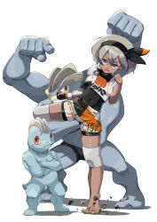  absurdres barefoot bea_(pokemon) black_bodysuit black_hairband bodysuit bodysuit_under_clothes bow_hairband commentary covered_navel female grey_eyes grey_hair hairband hand_up highres knee_pads kun_(user_tmwh7453) leg_up lower_teeth_only machamp machop open_mouth pokemon pokemon_(creature) pokemon_sword_and_shield rock shirt short_sleeves shorts standing standing_on_one_leg teeth tied_shirt white_background 