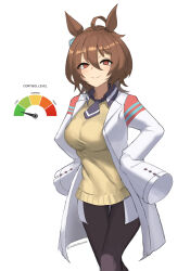  absurdres agnes_tachyon_(tach-nology)_(umamusume) agnes_tachyon_(umamusume) ahoge animal_ears black_pantyhose blush breasts brown_hair closed_mouth commentary cortisol_level_(meme) earrings female hair_between_eyes highres horse_ears horse_girl jewelry lab_coat large_breasts long_sleeves looking_at_viewer medium_hair meme necktie pantyhose red_eyes shirt short_hair short_necktie single_earring sleeves_past_fingers sleeves_past_wrists smile solo sweater sweater_vest tastelikenyan umamusume wolf_cut yellow_sweater yellow_sweater_vest 