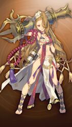  arm_guards arm_up beads black_bra bra breasts brown_background brown_hair cannon choker female game_asset grimms_notes hair_over_one_eye hat holding holding_cannon legs_apart looking_at_viewer navel non-web_source official_art prayer_beads purple_choker red_eyes red_sash sanzang_fashi_(grimms_notes) sanzang_fashi_(shinsei)_(grimms_notes) sash solo standing toeless_legwear underwear v-shaped_eyebrows white_hat zaza_(x-can01) 