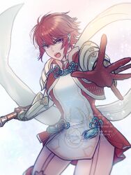  absurdres armor blue_rope commentary_request female fire_emblem fire_emblem_fates gloves gold_trim high_collar highres hinoka_(fire_emblem) holding holding_polearm holding_weapon japanese_armor japanese_clothes looking_at_viewer naginata open_mouth polearm red_eyes red_gloves red_hair rope short_hair solo tassel teeth thighhighs weapon yukiyana 