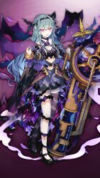  asymmetrical_legwear black_hairband black_shoes breasts cannon chaos_aurora_(grimms_notes) cleavage detached_sleeves dress female game_asset grimms_notes hairband hands_up holding holding_cannon itomaki_no_madou_taihou_(grimms_notes) long_hair long_sleeves looking_at_viewer medium_breasts messy_hair mismatched_legwear navel non-web_source nuudoru official_art open_mouth puffy_long_sleeves puffy_sleeves purple_background purple_dress purple_skirt purple_sleeves purple_thighhighs red_eyes shoes single_thighhigh skirt smile solo thighhighs thorns wheel 