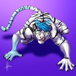  1:1 2021 absurd_res all_fours anthro athletic athletic_anthro athletic_male black_claws black_markings blue_body blue_fur blue_hair blue_markings claws dated felid fingerpads fur glistening glistening_eyes gradient_background green_eyes hair hi_res hufnaar looking_at_viewer male male_anthro mammal markings nude open_mouth pantherine pawpads pink_nose pink_pawpads red_tongue simple_background solo striped_arms striped_body striped_fur striped_legs striped_markings striped_tail stripes tail tail_markings tiger tongue white_body white_fur 