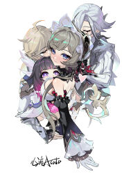  1boy 3girls absurdres aether_(as_heaven_and_earth_are_made_anew)_(genshin_impact) aether_(genshin_impact) ahoge arlecchino_(genshin_impact) black_hair black_sleeves blonde_hair blue_eyes blush breasts bright_pupils brown_hair closed_eyes columbina_(genshin_impact) commentary_request cropped_torso detached_collar detached_sleeves genshin_impact gloves grey_hair group_hug hair_bun head_wings headdress heart highres hug jacket looking_at_another looking_at_viewer looking_back looking_up multicolored_hair multiple_girls purple_eyes purple_hair sandrone_(genshin_impact) short_hair_with_long_locks sideboob upper_body white_background white_gloves white_jacket winding_key wings xinliu_asato 