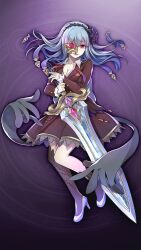  artist_request asymmetrical_legwear black_hairband blue_hair breasts brown_jacket brown_skirt brown_socks brown_thighhighs chaos_cinderella_(gakuen)_(grimms_notes) chaos_cinderella_(grimms_notes) cleavage collarbone extra_hands female floating_hair flower full_body game_asset glass_slipper grimms_notes grimms_notes_gakuen hairband holding holding_sword holding_weapon jacket looking_at_viewer mask_over_one_eye mismatched_legwear non-web_source official_art parody parted_lips pink_eyes purple_background purple_flower purple_rose rose single_sock single_thighhigh skirt smile socks solo spiked_hairband spikes style_parody sword thighhighs weapon 