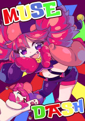  :d animalization asymmetrical_pants bow bowtie breasts buro_(joker)_(muse_dash) buro_(muse_dash) colorful commentary_request copyright_name creature drill_hair eyes_visible_through_hair facial_mark feline female hat highres hukurou693 jester jester_cap leaning_forward looking_at_viewer medium_breasts midriff muse_dash navel oerba_yun_fang pants purple_eyes purple_pants red_bow red_bowtie red_hair sleeves_past_fingers sleeves_past_wrists smile solo suspenders thick_eyelashes twin_drills 