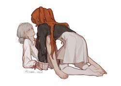  2girls absurdres all_fours argyle_clothes argyle_hairband bare_legs barefoot black_hairband black_shirt blush bottomless chinese_commentary collared_shirt commentary cowgirl_position dress_shirt eye_contact face-to-face freckles grey_eyes hairband half-closed_eyes high-waist_skirt highres holding_hands looking_at_another lying multicolored_hairband multiple_girls on_back open_clothes open_shirt orange_hair pantyhose parted_bangs qian. reverse:1999 shirt skirt sonetto_(reverse:1999) two-tone_hairband two_side_up vertin_(reverse:1999) white_hair white_hairband white_pantyhose white_shirt white_skirt yuri 