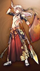  1boy akki_no_homura_yari_(grimms_notes) arm_up black_sandals body_markings broken_horn brown_background closed_mouth clothing_cutout game_asset grimms_notes hair_between_eyes hakama horns japanese_clothes long_hair male_focus navel non-web_source official_art polearm red_eyes red_hakama ribbon sandals shadow_shuten_douji_(grimms_notes) shield shoulder_cutout shuri_yasuyuki socks solo spear tabi topless_male weapon white_hair 