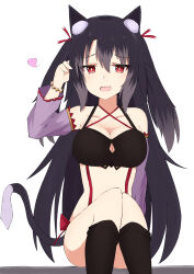  absurdres animal_ear_fluff animal_ears bare_shoulders black_hair black_socks breasts cleavage cleavage_cutout clothing_cutout collarbone commentary_request convenient_leg criss-cross_halter detached_sleeves feet_out_of_frame female hair_between_eyes hair_ribbon halterneck hand_up heart highres long_hair long_sleeves looking_at_viewer medium_breasts multicolored_hair nyaha open_mouth original puffy_long_sleeves puffy_sleeves purple_sleeves red_eyes red_ribbon ribbon simple_background sitting socks solo streaked_hair tail two_side_up very_long_hair white_background 