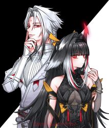  1boy alternate_color alternate_hair_color animal_ears bare_shoulders black_background black_dress black_hair black_hairband breasts china_dress chinese_clothes color_switch commentary_request dress droopy_ears emiaki1641 facial_mark female forehead_mark hair_color_switch hairband highres horns jacket large_breasts long_hair looking_at_viewer multicolored_hair pants red_eyes see-through_horns siblings transformation two-tone_background very_long_hair white_background white_hair white_jacket ye_shiyuan ye_shiyuan_(the_thrall) ye_shunguang ye_shunguang_(enlightened_state) zenless_zone_zero 
