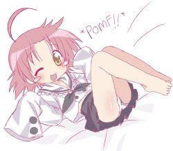  ahoge bananafryapple barefoot bed_sheet black_neckerchief black_skirt blush blush_stickers buttons dot_nose feet female frilled_sailor_collar frills full_body highres kogami_akira lucky_star meme neckerchief no_shoes one_eye_closed open_mouth panties parted_bangs pink_hair pomf_(meme) raised_eyebrows sailor_collar school_uniform short_hair skirt sleeves_past_fingers sleeves_past_wrists solo tareme underwear white_panties white_sailor_collar yellow_eyes 
