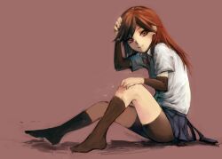  arashio_(kancolle) arm_warmers bike_shorts bike_shorts_under_skirt black_skirt black_socks brown_background brown_eyes brown_hair brown_socks collared_shirt commentary_request female hand_on_own_head hand_on_own_knee highres irikawa kantai_collection kneehighs long_hair looking_at_viewer pleated_skirt shadow shirt short_sleeves simple_background sitting skirt socks solo white_shirt 