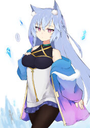  absurdres animal_ear_fluff animal_ears bare_shoulders blue_hair blue_jacket blue_skirt breasts brown_pantyhose closed_mouth collarbone commentary_request covered_collarbone cryokinesis female gradient_clothes gradient_jacket hair_between_eyes hand_on_own_chest hand_up highres ice_crystal jacket jewelry long_hair long_sleeves medium_breasts nyaha original pantyhose pink_eyes pink_jacket pleated_skirt puffy_long_sleeves puffy_sleeves ring skirt sleeves_past_wrists solo_focus very_long_hair white_background 