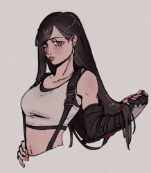  bare_shoulders black_gloves black_hair blush breasts closed_mouth collarbone commentary crop_top cropped_torso earrings elbow_gloves english_commentary female final_fantasy final_fantasy_vii final_fantasy_vii_remake fingerless_gloves gloves grey_background hair_behind_ear hand_on_own_hip highres jewelry lips lockh4rtsslvt long_hair looking_at_viewer low-tied_long_hair medium_breasts midriff navel red_eyes single_sidelock solo suspenders tank_top teardrop_earrings tifa_lockhart upper_body white_tank_top 
