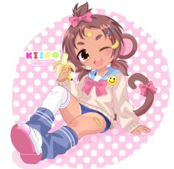  animal_ears asymmetrical_legwear banana banana_hair_ornament bananafryapple bandaid bandaid_on_face bandaid_on_leg bandaid_on_thigh bangs_pinned_back blue_leg_warmers blue_sailor_collar blush bow brown_eyes brown_hair cardigan character_name double_horizontal_stripe female food food-themed_hair_ornament fruit full_body hair_ornament hairbow highres kiiro_(bananafryapple) leg_warmers looking_at_viewer low_twintails monkey_ears monkey_girl monkey_tail open_mouth original pink_bow polka_dot sailor_collar shoes sitting smiley_face solo star_(symbol) swimsuit swimsuit_under_clothes tail tail_bow tail_ornament tan tanlines thick_eyebrows thighhighs twintails uneven_legwear uwabaki white_thighhighs 