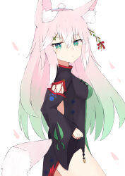  absurdres ahoge animal_ear_fluff animal_ears black_dress breasts closed_mouth commentary_request dress female gradient_hair green_eyes green_hair hair_between_eyes highres long_sleeves looking_at_viewer looking_to_the_side medium_breasts multicolored_hair nyaha original parted_lips pink_hair simple_background sleeves_past_wrists solo streaked_hair tail white_background white_hair wide_sleeves 