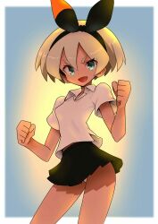  absurdres aqua_eyes bea_(pokemon) black_hairband black_skirt blonde_hair border bow_hairband clenched_hands collared_shirt commentary_request cowboy_shot eyelashes female hairband highres looking_at_viewer panties pleated_skirt pokemon pokemon_sword_and_shield shirt short_hair short_sleeves skirt solo underwear white_border white_panties white_shirt yaguchi_sumiharu 
