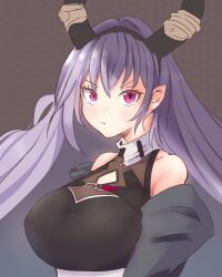  absurdres arknights bare_shoulders black_horns black_shirt breasts brown_background collar female hair_between_eyes highres horn_ornament horns kelsuis large_breasts looking_at_viewer off_shoulder pointy_ears pout purple_eyes purple_hair shirt solo typhon_(arknights) white_collar 