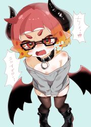  artist_name bare_shoulders black_boots black_collar black_horns black_thighhighs blonde_hair blue_background blunt_bangs blush boots breasts cleavage collar commentary_request demon_girl demon_horns demon_wings female from_above furrowed_brow glasses grey_sweater highres horns inkling inkling_girl inkling_player_character long_pointy_ears long_sleeves low_wings medium_breasts multicolored_hair o-ring_collar off_shoulder open_mouth orange_hair pointy_ears red_eyes red_hair signature simple_background sleeves_past_wrists solo splatoon_(series) sweat sweater syoutoktaishi_63 tentacle_hair thighhighs translation_request wavy_mouth wings 
