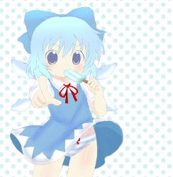  2000s_(style) bananafryapple blue_dress blue_eyes blue_hair blush bow bow_panties cirno commentary cowboy_shot dress faux_retro_artstyle female food food_in_mouth hairbow highres holding holding_food holding_popsicle ice ice_wings melting_popsicle neck_ribbon panties pointing pointing_at_viewer polka_dot polka_dot_background popsicle popsicle_in_mouth puffy_short_sleeves puffy_sleeves red_ribbon ribbon short_hair short_sleeves solo striped_clothes striped_panties touhou underwear untranslatable_commentary wings 