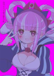  alternate_breast_size_(larger) asage_(asgsn) blue_dress blush breasts cleavage dress facial_mark female fire_emblem fire_emblem_engage folded_twintails fur-trimmed_dress fur_trim hair_rings heart heart_facial_mark heart_in_eye highres hortensia_(fire_emblem) looking_at_viewer medium_breasts multicolored_hair open_mouth pink_background pink_eyes pink_hair sidelocks solo striped_clothes striped_dress symbol_in_eye two-tone_hair v vertical-striped_clothes vertical-striped_dress white_hair 