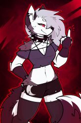  2026 anthro biped bottomwear breasts canid canid_demon canine claws clothed clothed_anthro clothed_female clothing collar countershade_torso countershading demon digital_drawing_(artwork) digital_media_(artwork) ear_piercing female fingers front_view fully_clothed fully_clothed_anthro fully_clothed_female fur hair hellaverse hellhound helluva_boss hi_res inner_ear_fluff looking_at_viewer loona_(helluva_boss) mammal mythological_canine mythological_creature mythology navel nicopossum piercing smile solo standing tail topwear tuft 