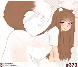  all_fours animal_ear_fluff animal_ears blush breasts brown_hair commentary english_commentary female from_side grin highres holo likunea long_hair looking_at_viewer medium_breasts oerba_yun_fang oversized_clothes oversized_shirt parted_lips patreon_logo patreon_username red_eyes see-through_silhouette shirt short_sleeves smile spice_and_wolf tail twitter_username twitter_x_logo white_shirt wolf_ears wolf_girl wolf_tail zoom_layer 