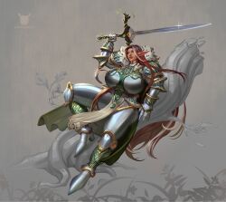  armor bent_leg big_breasts boob_armor breasts brown_hair cape clothed clothed_female clothed_humanoid clothing curvy_female curvy_figure curvy_humanoid elf exposure_variation fantasy female fist floating front_view fully_clothed fully_clothed_female fully_clothed_humanoid green_eyes green_lips grey_armor grey_cape grey_clothing grey_theme hair holding_melee_weapon holding_object holding_sword holding_weapon hourglass_figure hourglass_figured_female hourglass_figured_humanoid huge_breasts humanoid_pointy_ears kostictoxic lips long_hair looking_up melee_weapon metal_armor mouth_closed not_furry plate_armor pointy_ears raised_arm raised_fist raised_hand simple_background solo sword tan_body tan_skin warrior weapon wide_hipped_female wide_hipped_humanoid wide_hips 