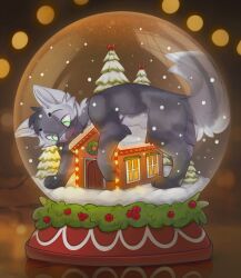  bow_(bowhuskers) building canid canine canis christmas christmas_tree feral fur green_eyes grey_body grey_fur hi_res holidays house izabella lights male mammal plant snow snow_globe solo tree wolf 