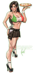  1girls artist_signature athletic athletic_female bare_legs bare_midriff breasts busty cedric_poulat cleavage crop_top deviantart_username ear_piercing female female_focus female_only final_fantasy final_fantasy_vii hand_on_hip high_heels hourglass_figure instagram_username italian_flag italian_senate_hack j-estacado large_breasts looking_at_viewer meme miniskirt nail_polish nipple_bulge painted_nails pizza plain_background platform_footwear platform_heels pleated_skirt socks tagme thighs tifa_lockhart waitress white_background wide_hips 